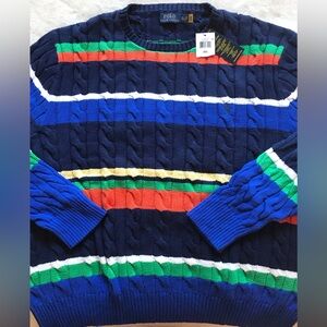 Polo Ralph Lauren CP-93 Cableknit Navy Sweater with Vibrant Stripes